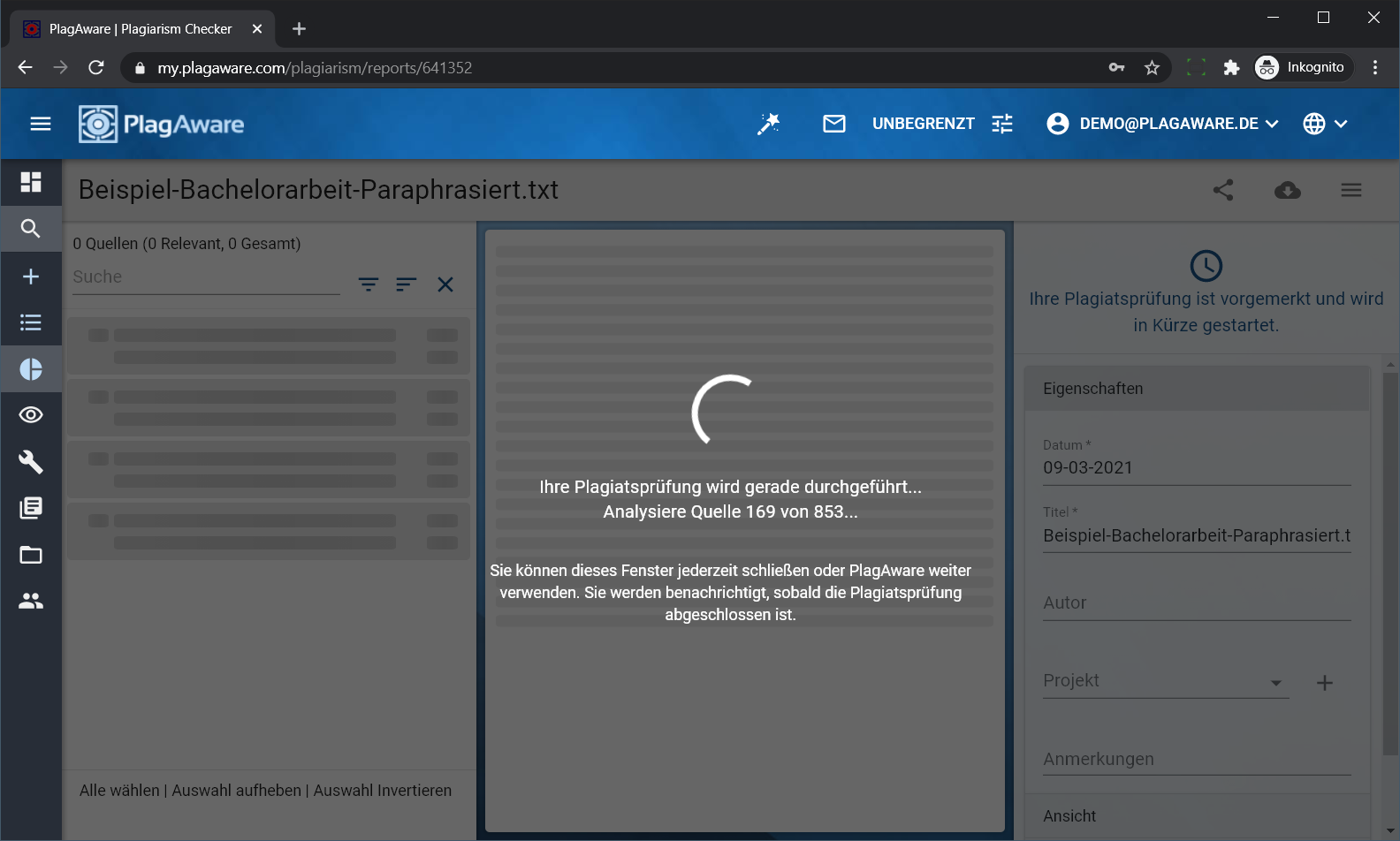 Ihr Plagiatsscan wird im Hintergrund durchgeführt