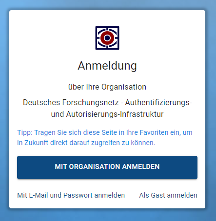 Screenshot Anmeldung mit Organisation