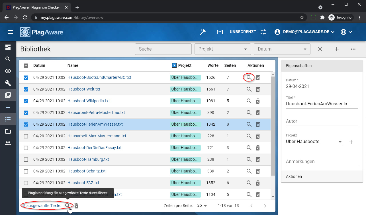 Screenshot Anleitung Plagiatsprüfung Dashboard PlagAware