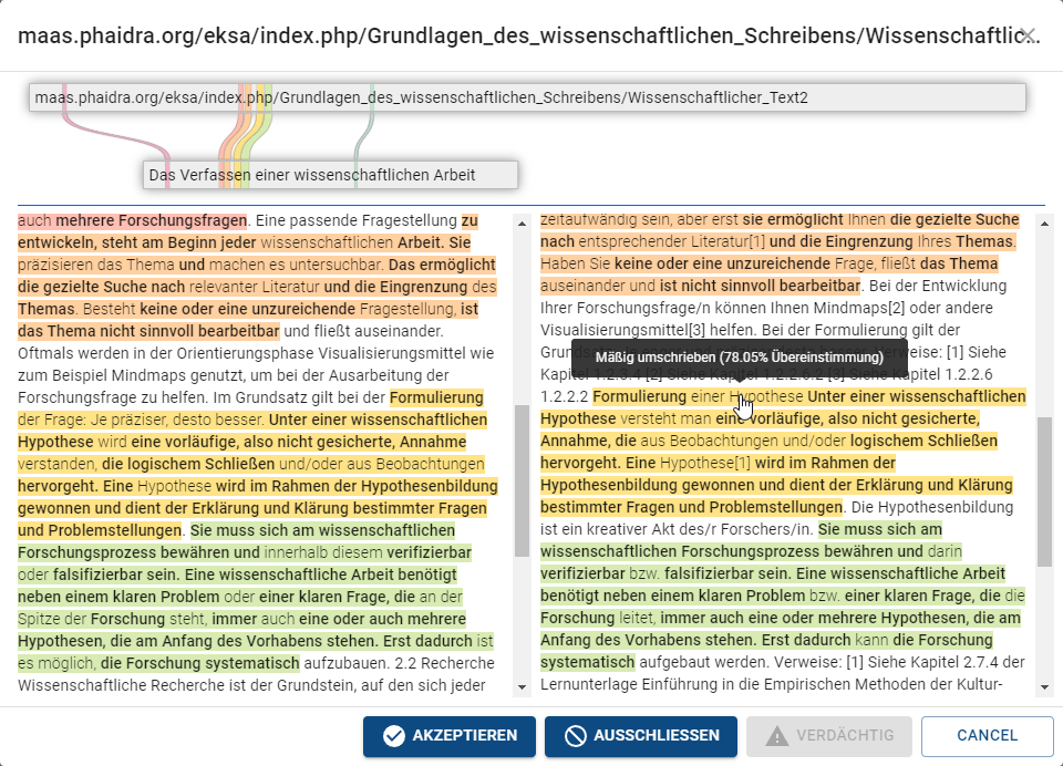 screenshot Gegenüberstellung der Quelle mit dem Prüftext